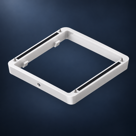 White PETG Starlink Mini under-hatch mount kit with stainless mounting screws and temporary VHB positioning strips.