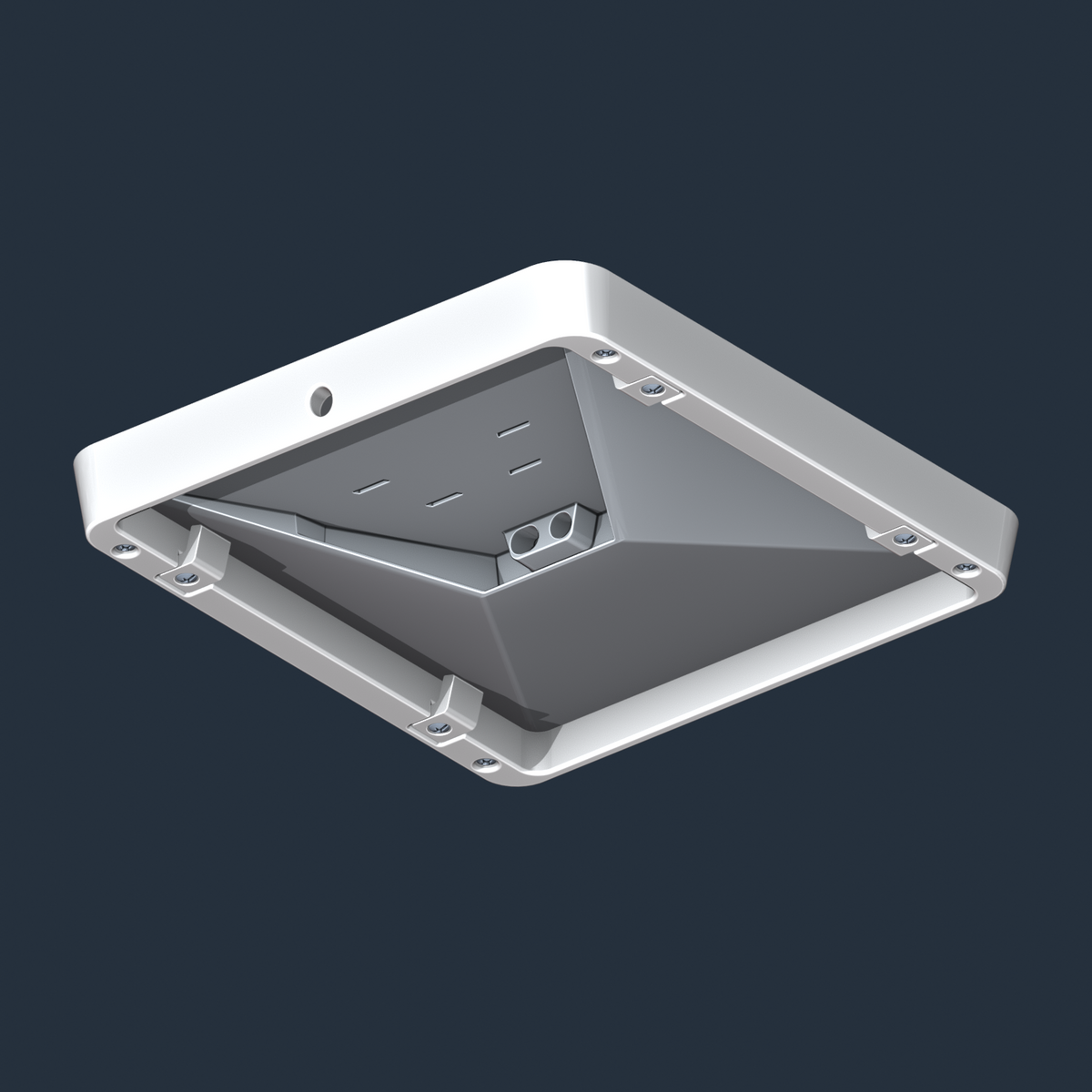 CAD rendering showing the Starlink Mini seated in the under-hatch mount with four retention clips. Antenna sold separately.