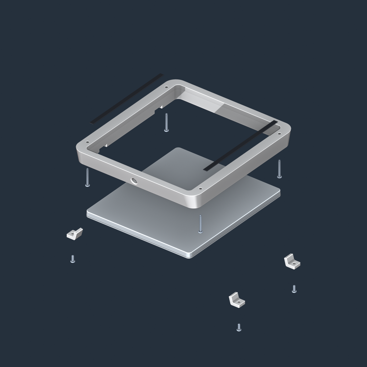 Exploded top view of the Starlink Mini under-hatch assembly. Antenna sold separately.