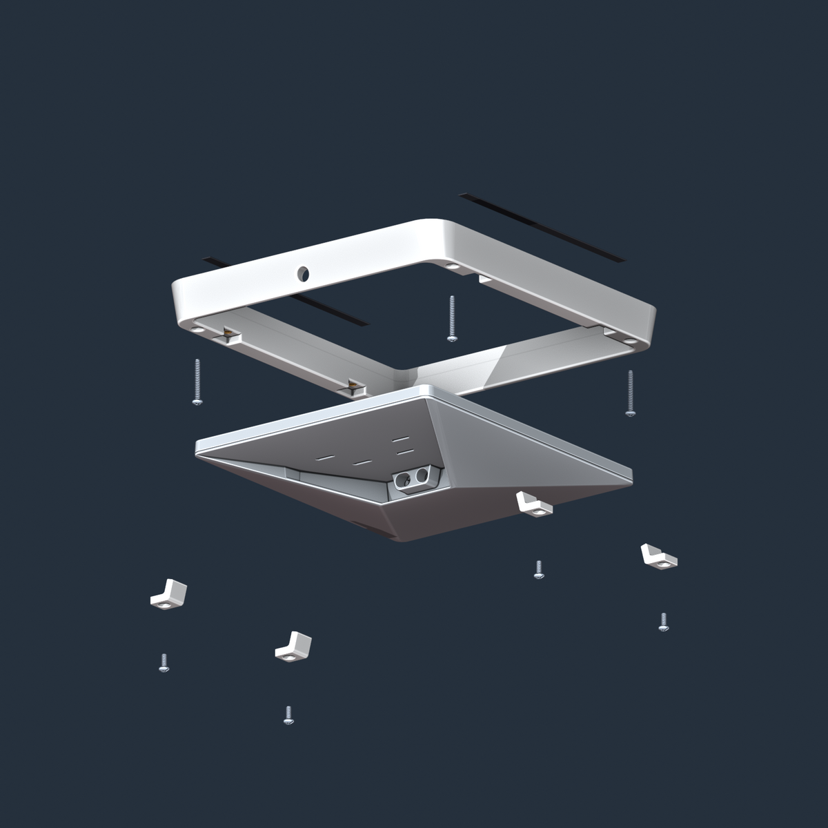 Exploded CAD view showing the frame, Mini antenna, retaining clips, stainless hardware and temporary positioning tape.
