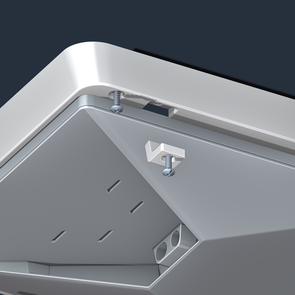 Close view of the under-hatch frame and antenna retention clip assembly.